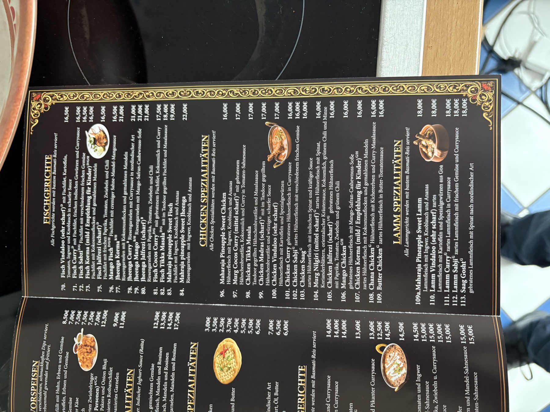 Maharaja Speisekarte Fischgerichte und Chicken Spezialitäten