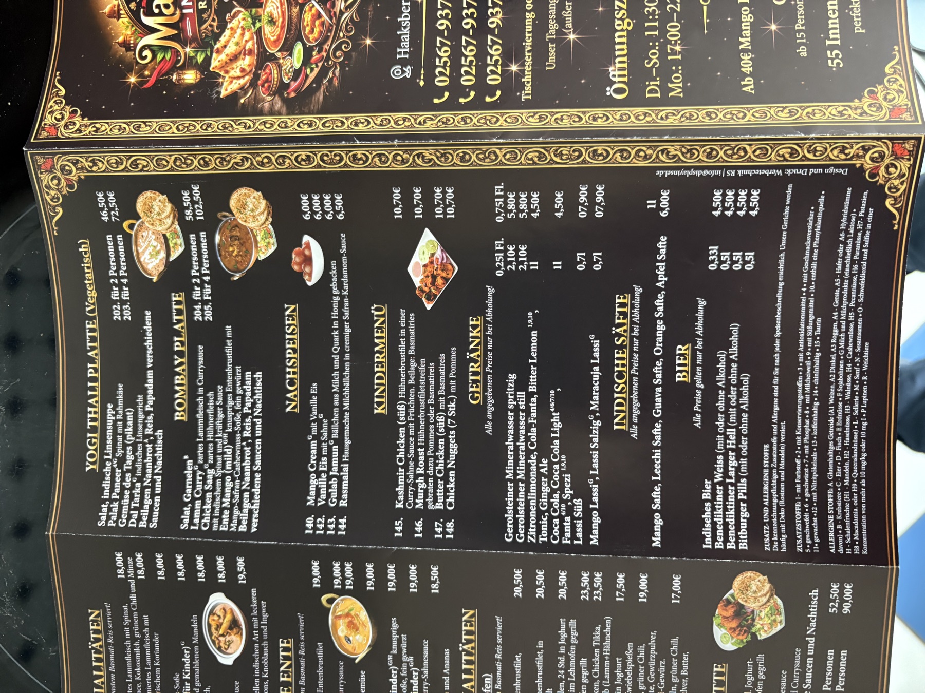 Maharaja Speisekarte Platten, Dessert und Getränke